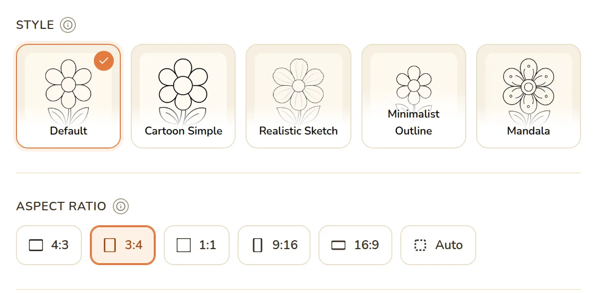 The Style cards (Default, Cartoon Simple, Realistic Sketch, Minimalist Outline, Mandala) and the Aspect Ratio options with 3:4 selected