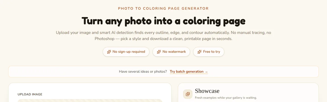 The MyColoring.ai Photo to Coloring Page tool with its upload panel and Showcase tab