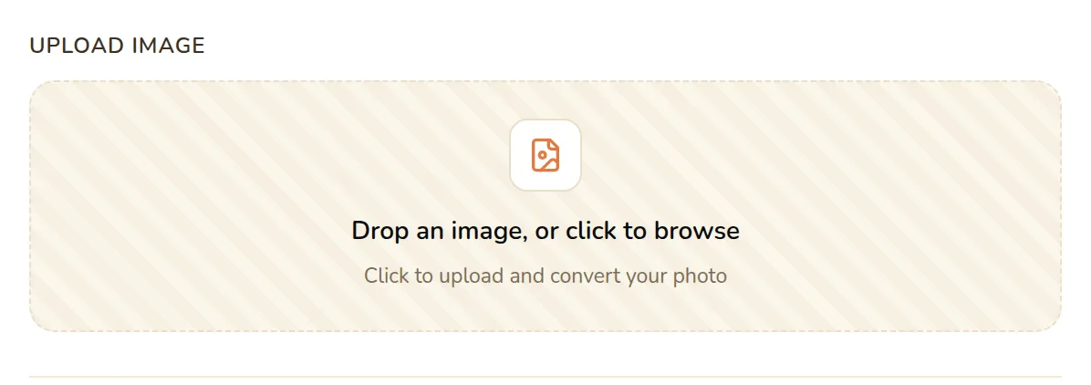 The Upload Image drop zone reading "Drop an image, or click to browse"