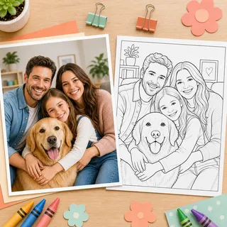 Een familiefoto omgezet in een kleurplaat