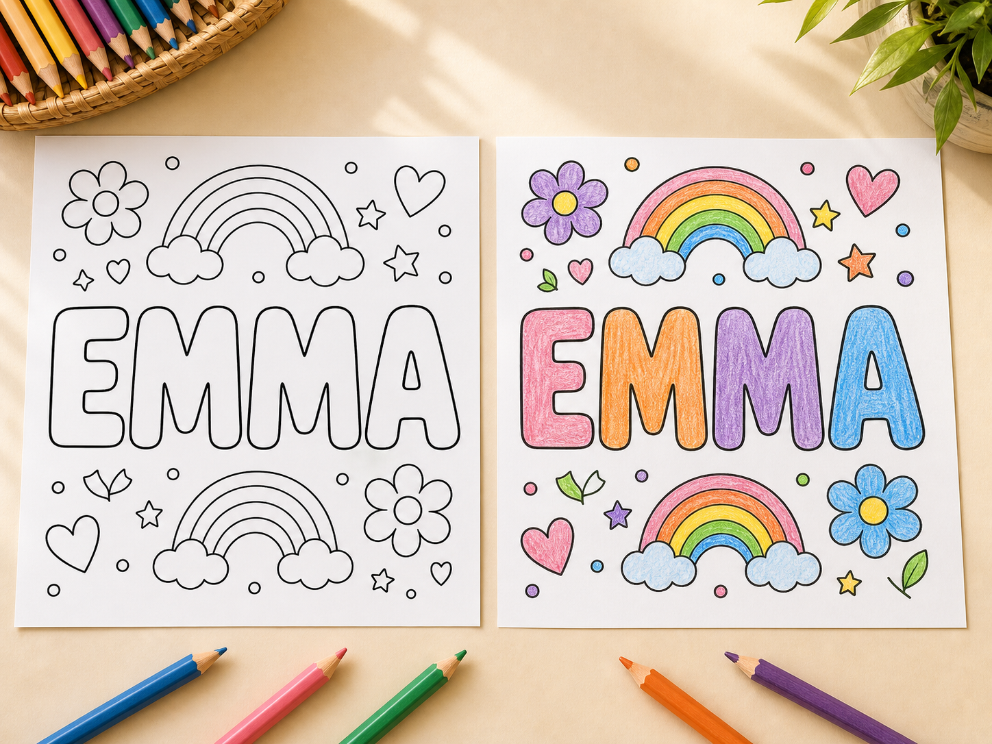 Before-and-after printable name coloring page showing clean black outlines on one sheet and a finished hand-colored EMMA page beside it