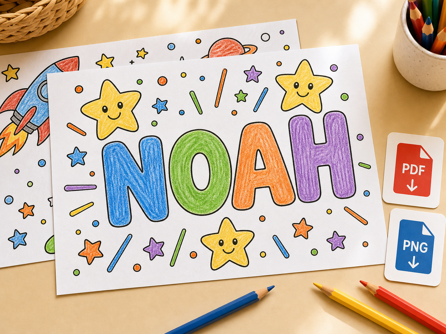Finished hand-colored NOAH name coloring sheet shown with simple PDF and PNG download options for easy printing