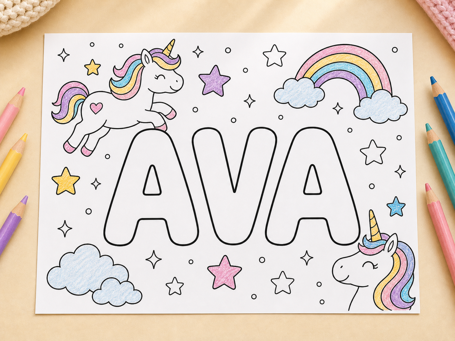 Partly colored unicorn themed AVA name coloring page with stars, sparkles, clean outlines, and crayon-filled details