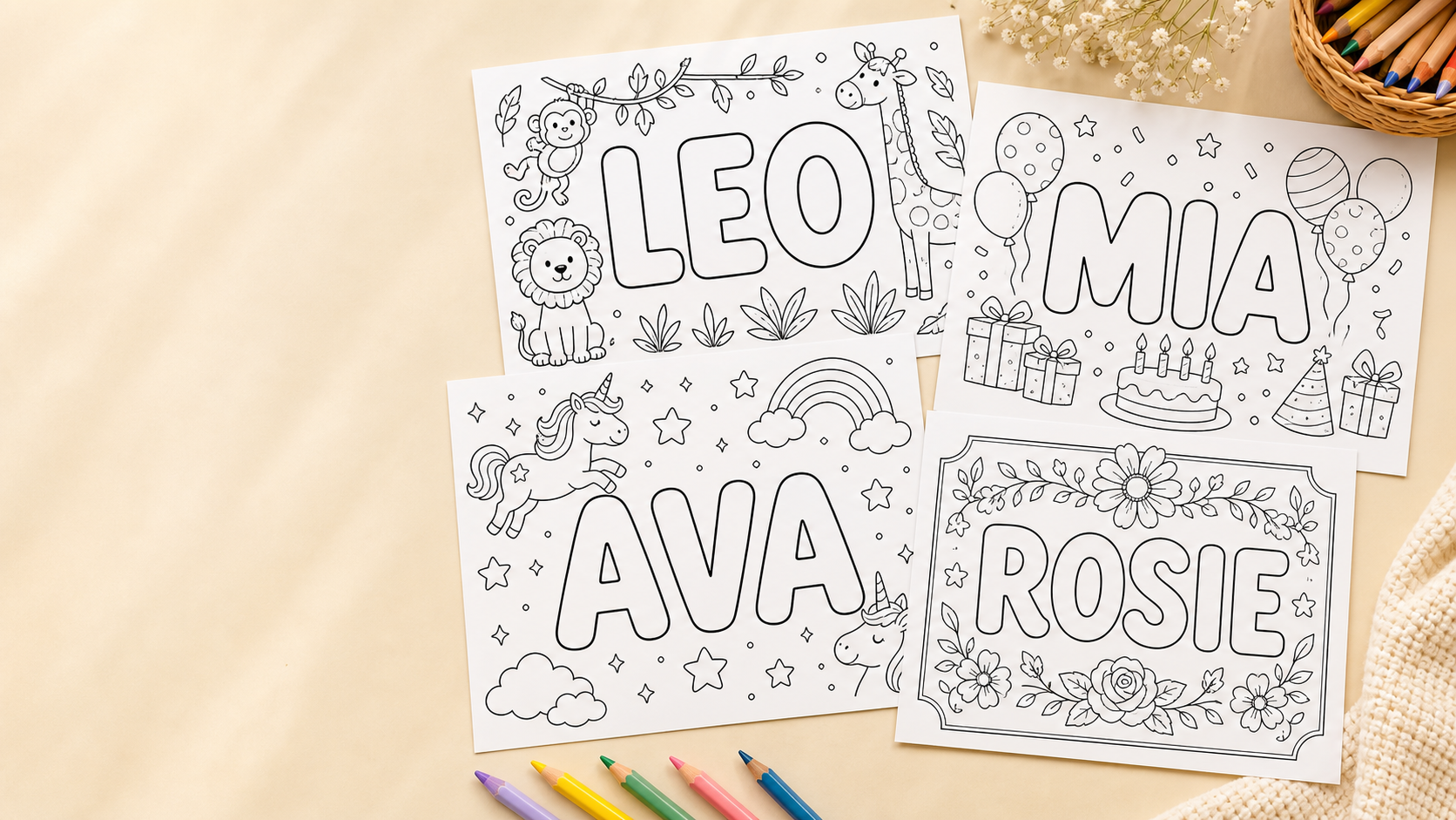 Collection of printable name coloring pages showing different names, themes, letter styles, and clean black outlines