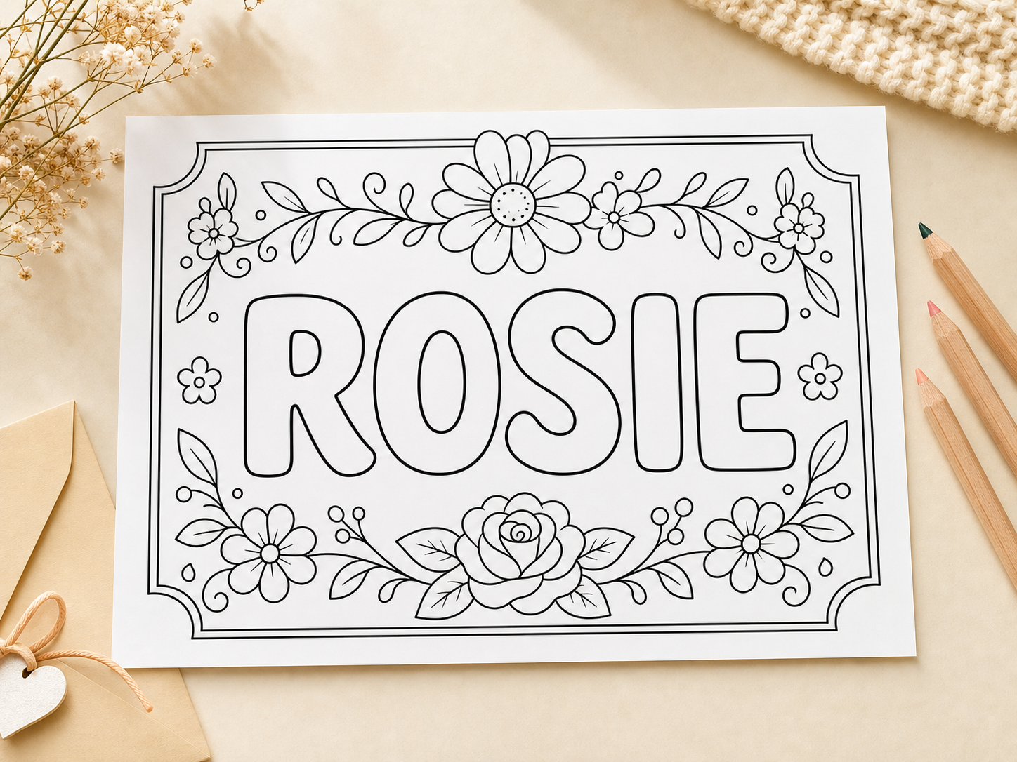 ROSIE flower name coloring sheet with leaves, vines, blooms, and a keepsake-style printable frame