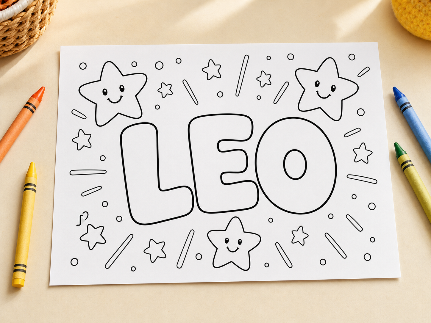 LEO printable name coloring page for kids with large bubble letters, smiling stars, and simple open spaces to color