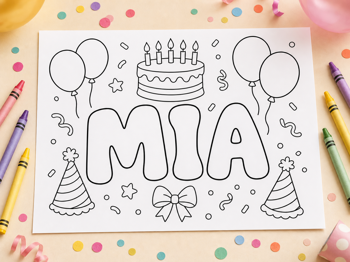 MIA birthday name coloring page with cake, balloons, confetti, and bold letters for a party table activity
