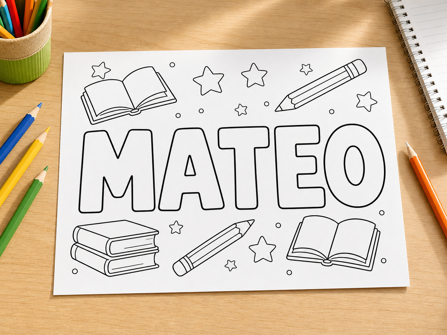 MATEO school themed name coloring sheet with books, pencils, stars, and a clean classroom worksheet layout