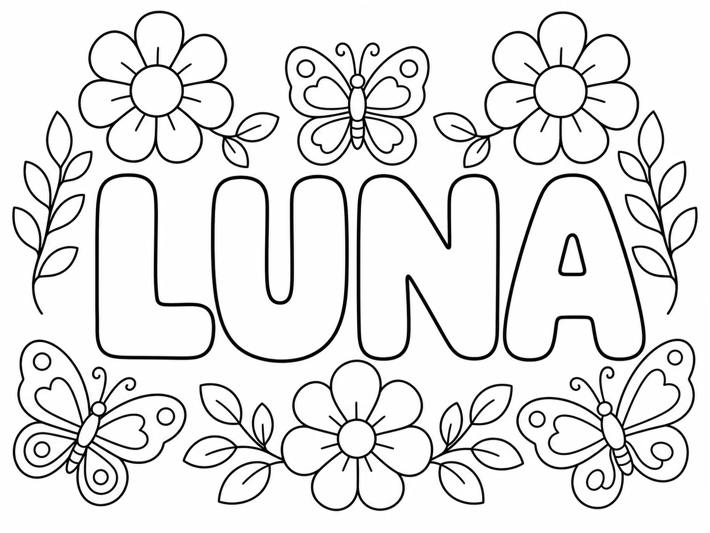 LUNA Flowers and butterflies Balanced name coloring page example