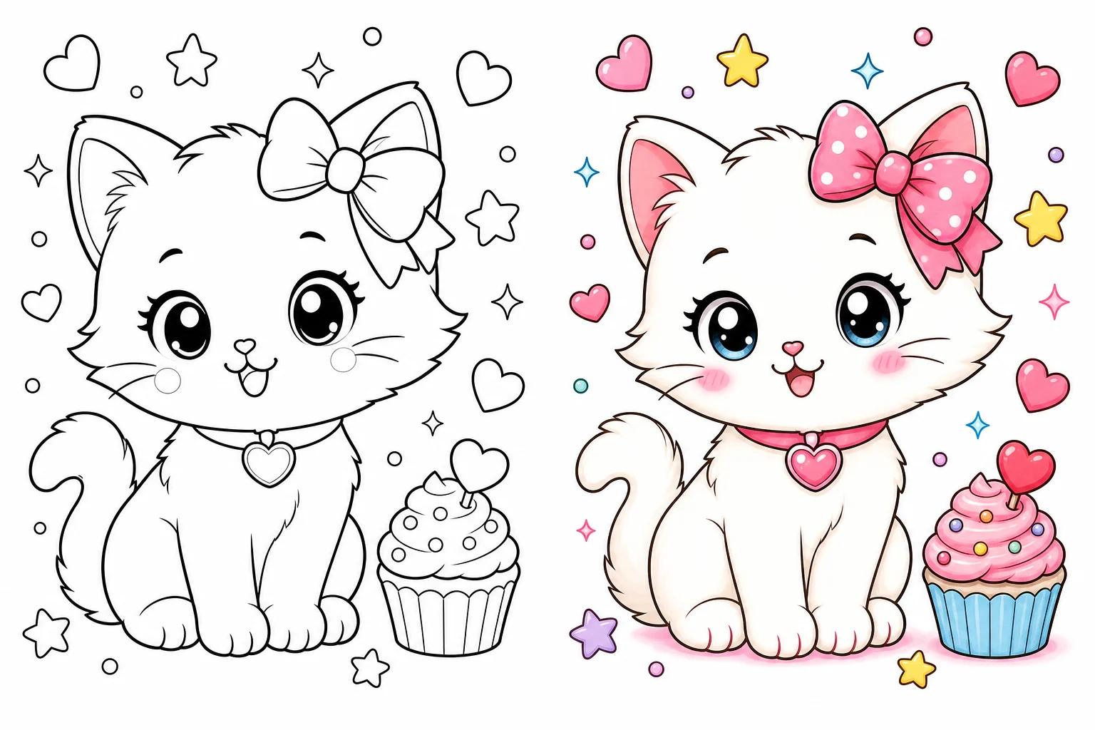 Een kittenkleurplaat voor en na het inkleuren
