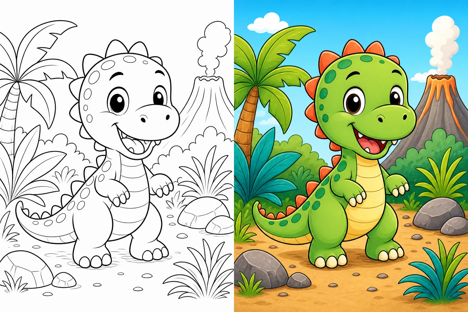 Before and after online coloring example with a dinosaur