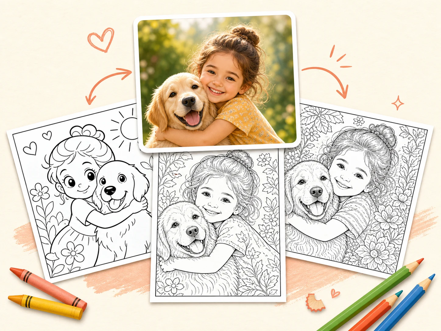 Varios estilos de página para colorear con IA generados desde una sola foto