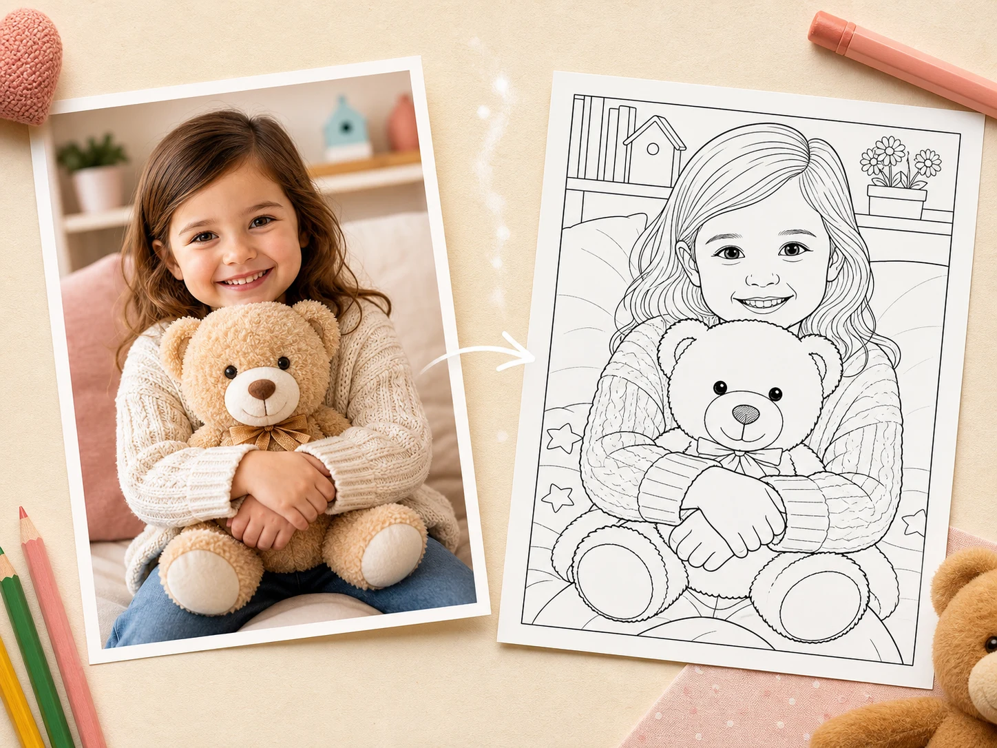Una foto familiar transformada en una página para colorear personalizada