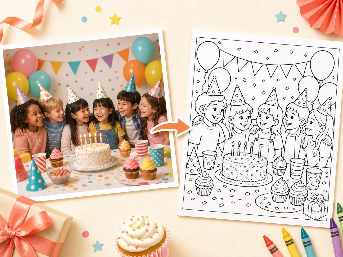 Una foto de fiesta transformada en un recuerdo personalizado para colorear
