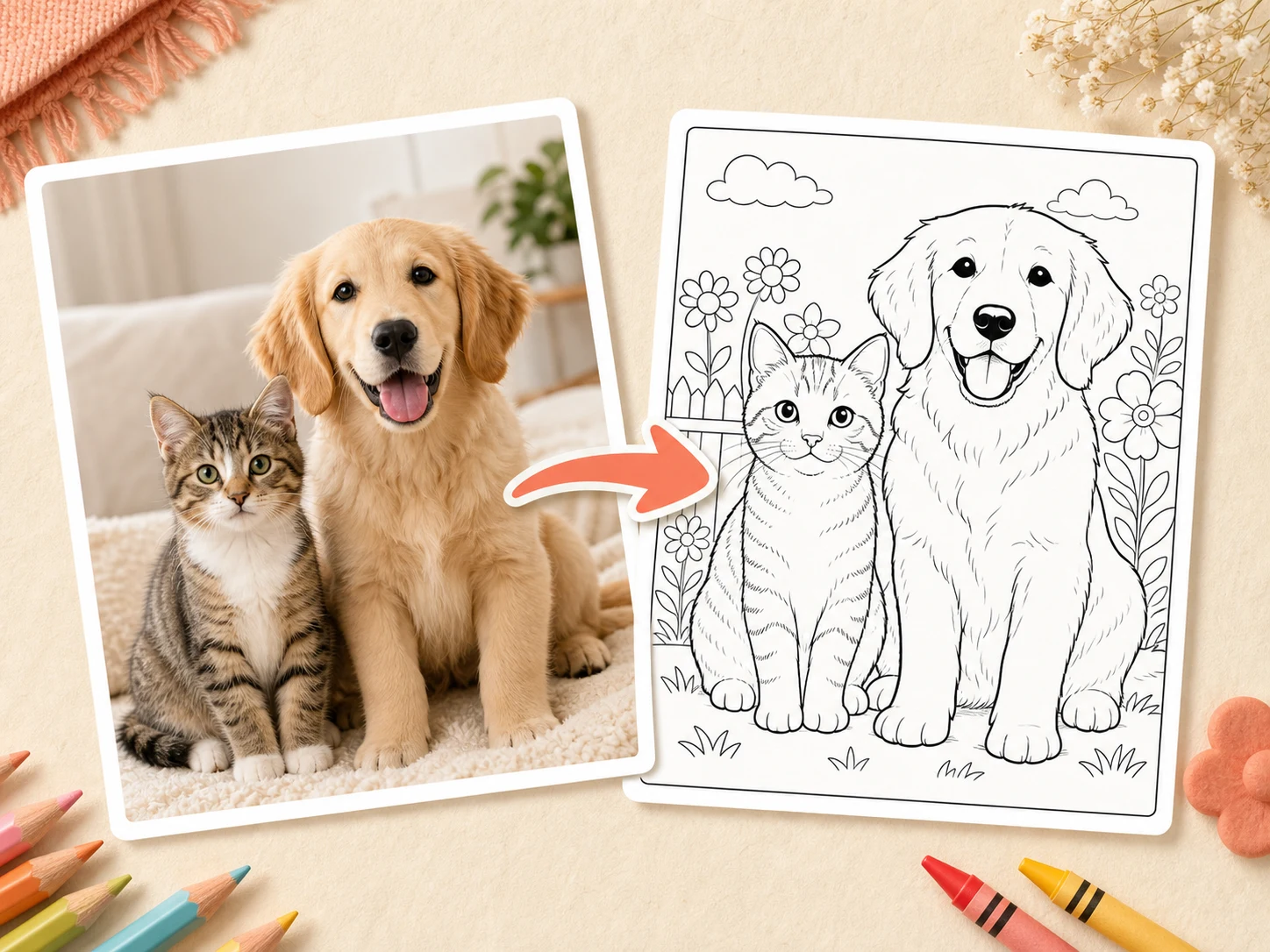 Una foto de mascota transformada en una página para colorear