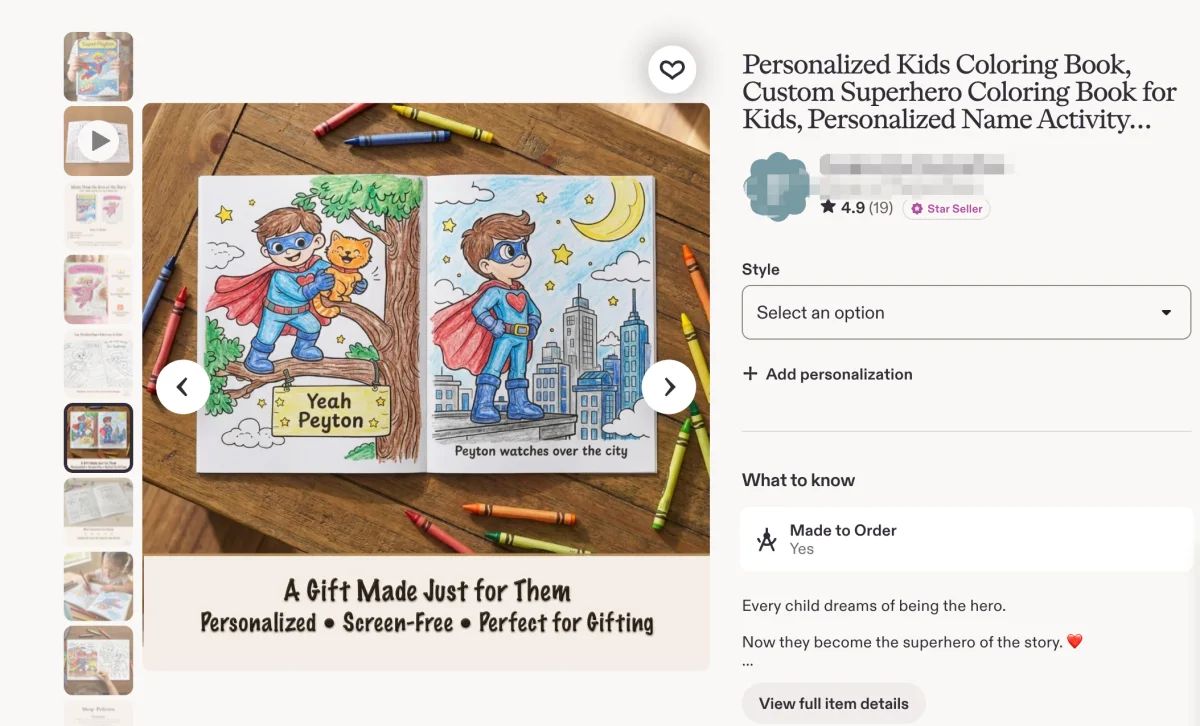 Etsy listing for a personalized children’s superhero coloring book