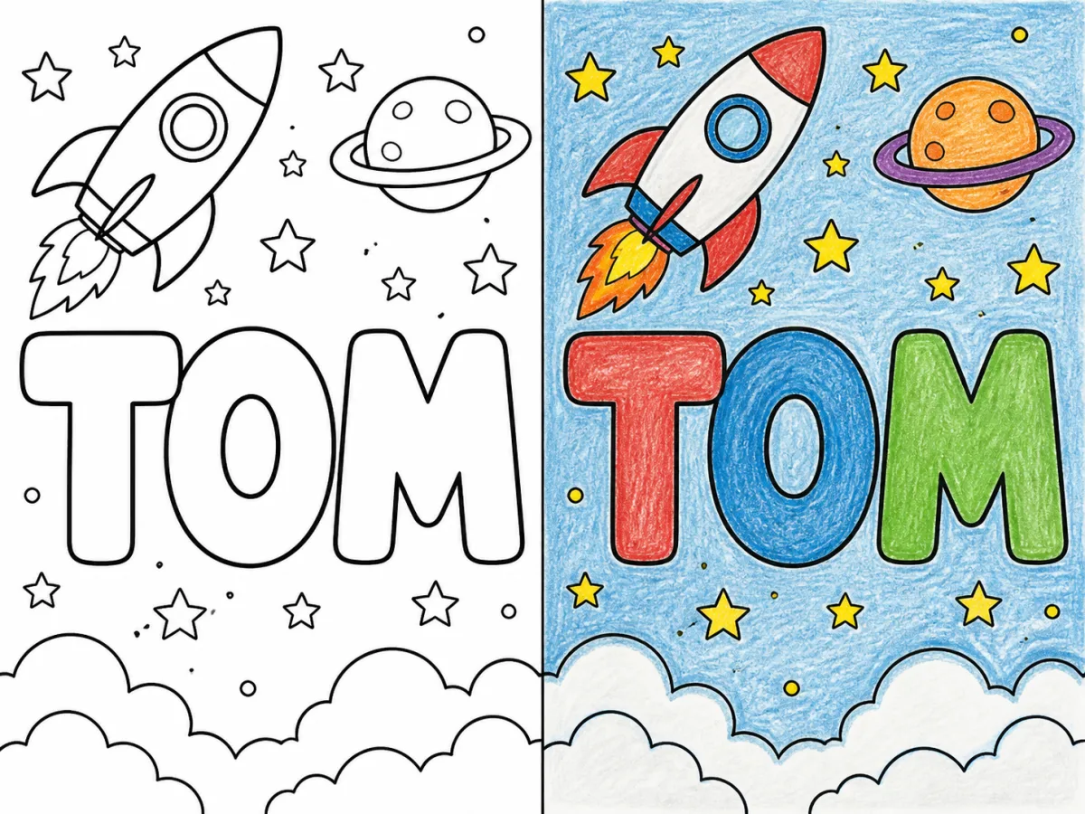 TOM name coloring page shown before and after crayon coloring