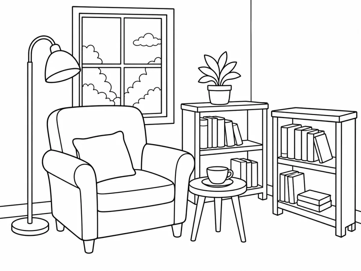Simple adult coloring page of a cozy reading corner in a quiet bookstore