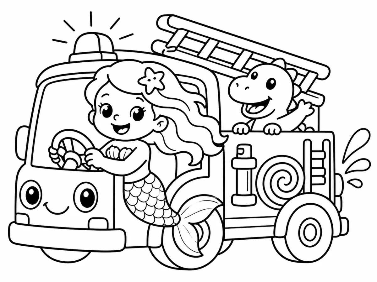 Black-and-white coloring page of a mermaid driving a fire truck with a dinosaur