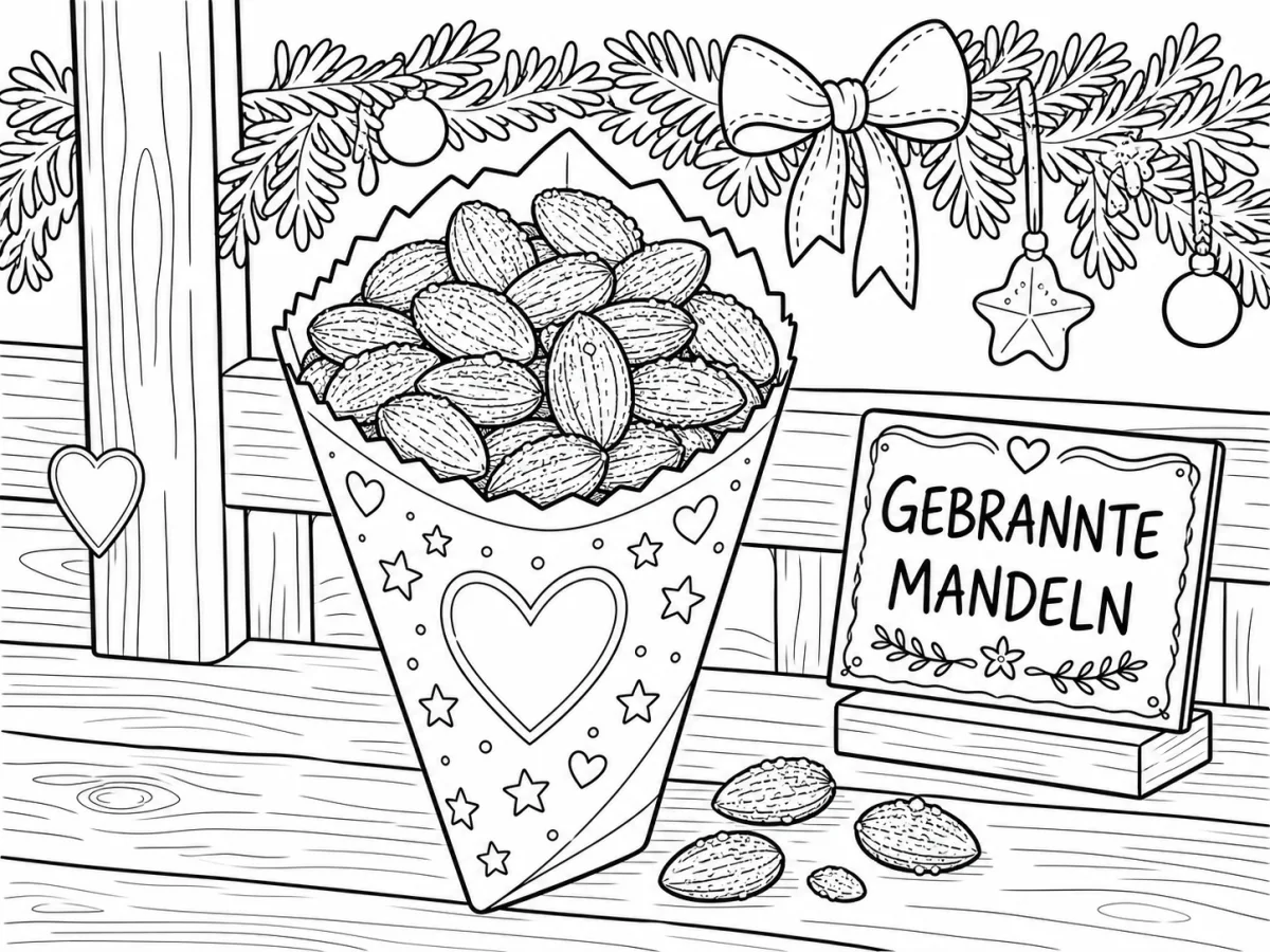 Black-and-white coloring page of roasted almonds at a Munich Christmas market stall